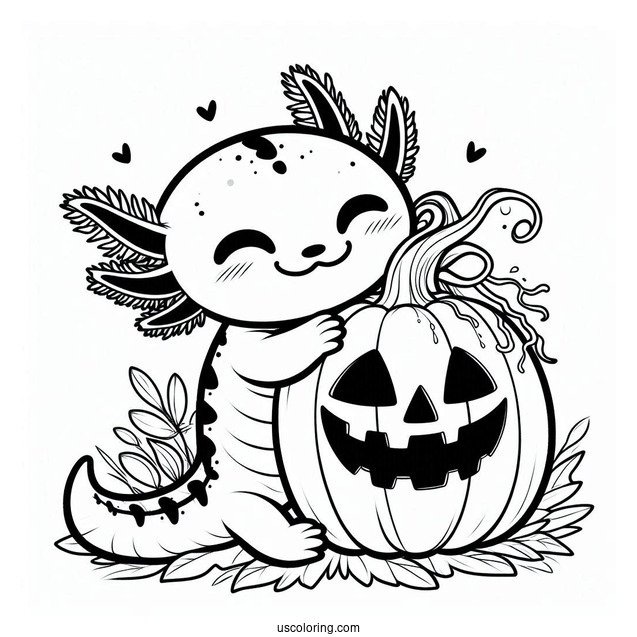 Kawaii Axolotl Coloring Page Hugging A Jack O Lantern