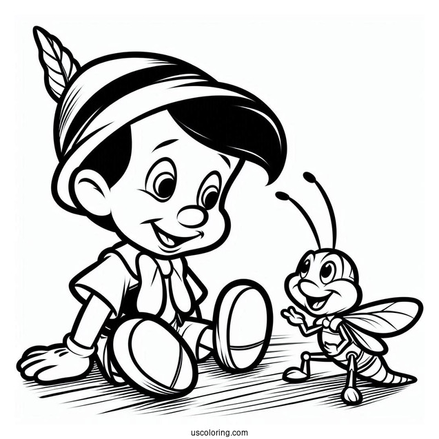 Pinocchio Coloring Page Talking To Jiminy Cricket On The Floor