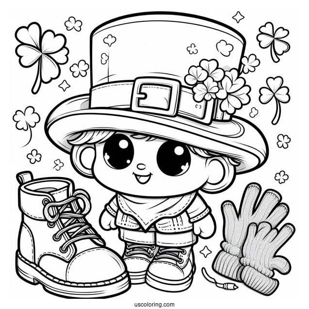 St. Patrick's Day Coloring Page Of Cartoon Leprechaun Hat With Shoes And Gloves For Kids