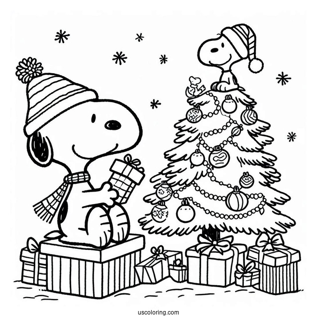 Snoopy And Woodstock Decorating Christmas Tree To Color