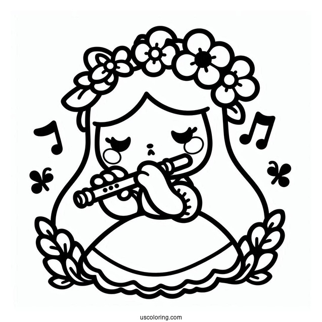 My Melody Coloring Page Playing Flower Flute While Rhythm Sings