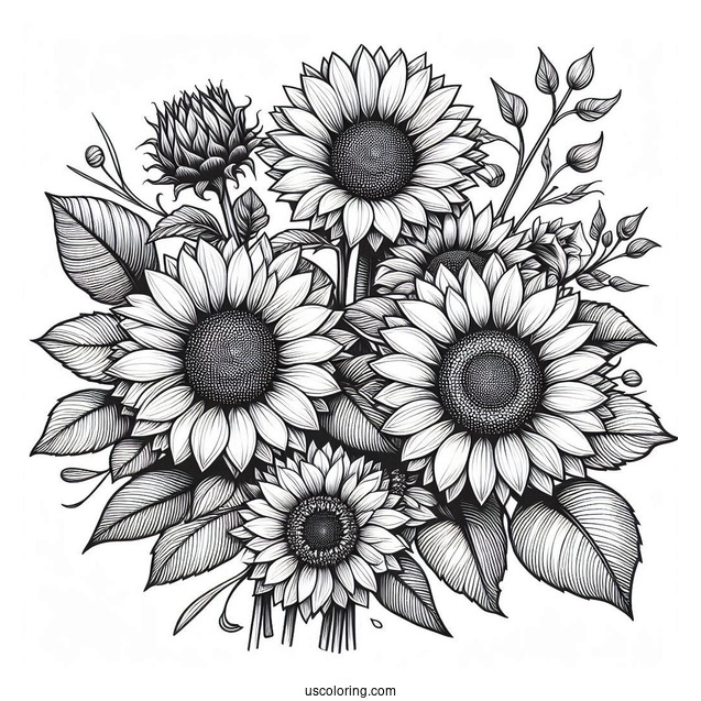 Bunch Of Detailed Sunflowers For Coloring