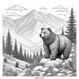 Realistic Bear Coloring Page Standing Up In Mountainside