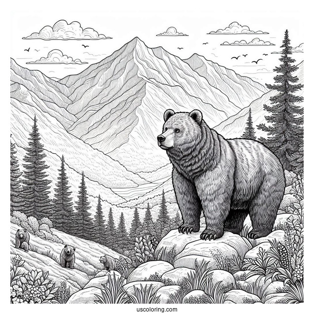 Realistic Bear Coloring Page Standing Up In Mountainside