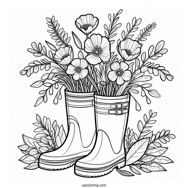 Rainboots Filled With Spring Coloring Page Wildflowers