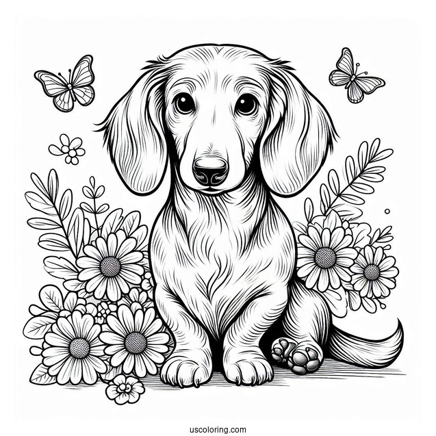 Dachshund Coloring Page Sitting With Flowers