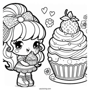 Strawberry Shortcake Coloring Page Holding Cupcake
