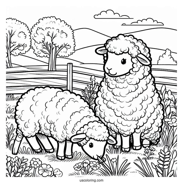 Sheep Grazing On A Farm Coloring Page