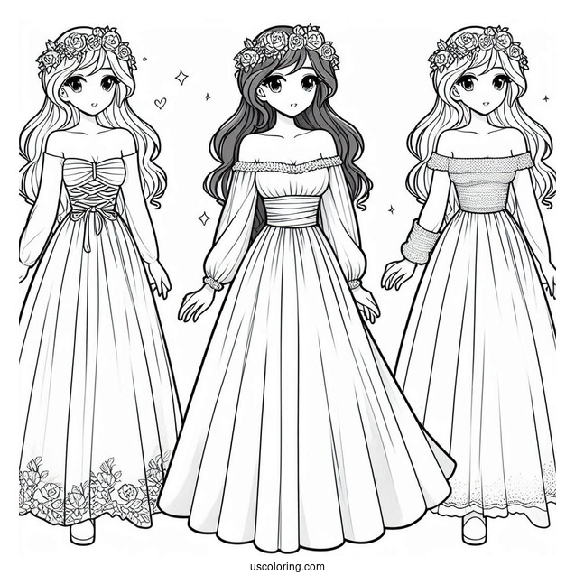 Off Shoulder Long Dress Coloring Page For Kids