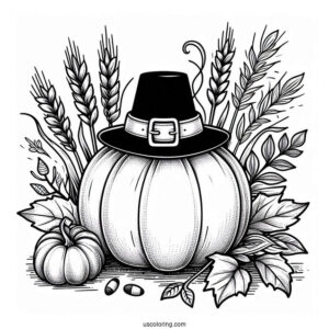 Pumpkin Coloring Page With Pilgrim's Hat, Fall Leaves, And Wheat