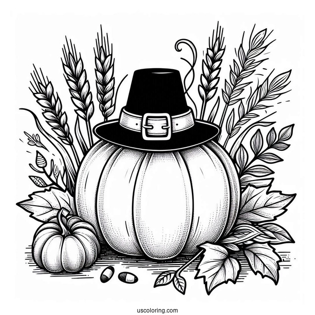 Pumpkin Coloring Page With Pilgrim's Hat, Fall Leaves, And Wheat
