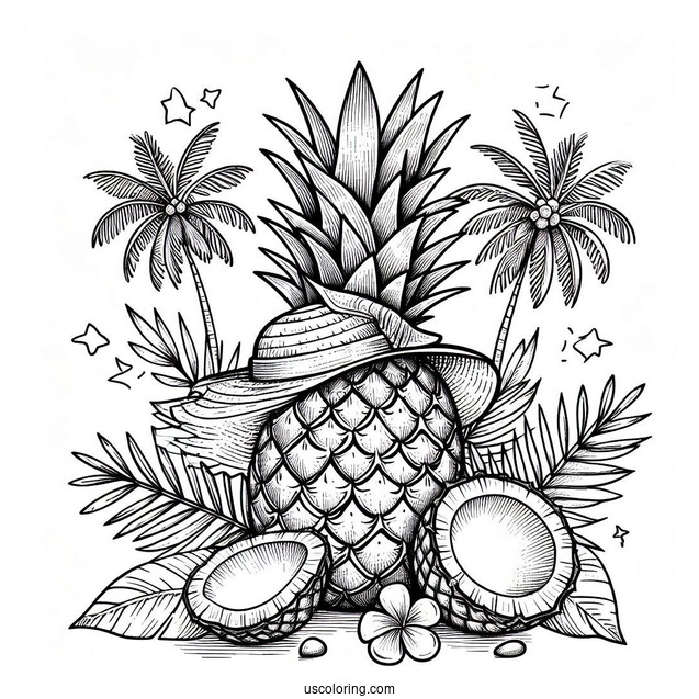 Summer Pineapple Coloring Page With Hat and Coconuts