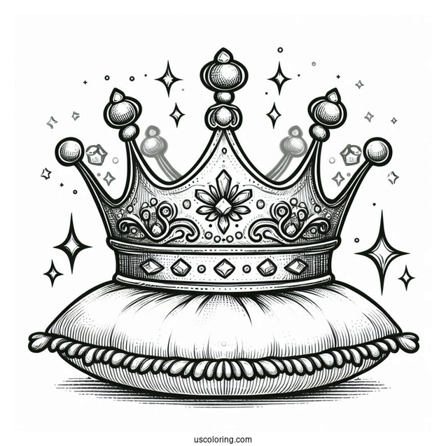 Sparkling Royal Crown Coloring Page on Velvet Pillow