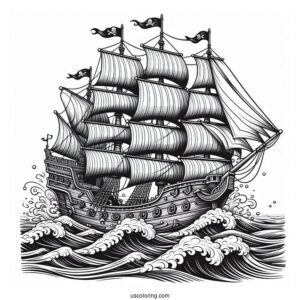 Realistic Pirate Ship Coloring Page With Large Waves At The Side