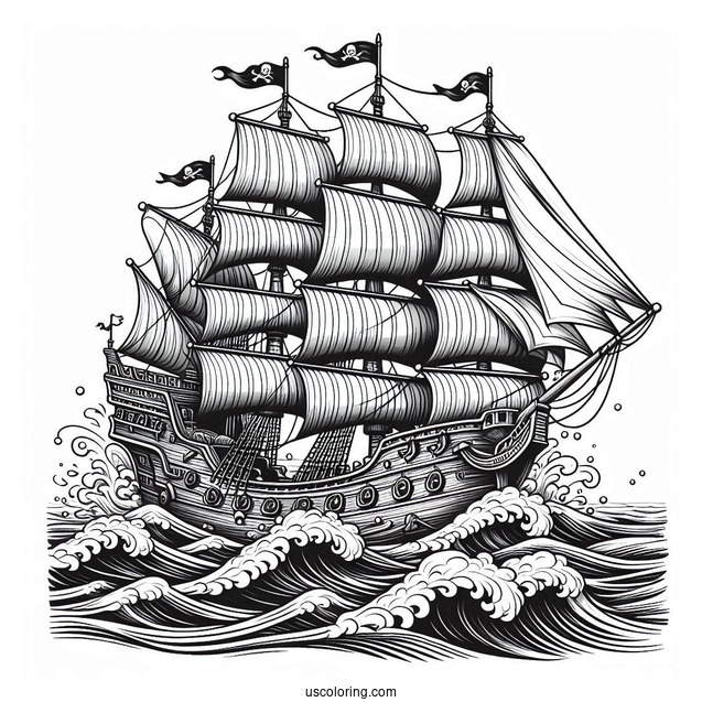 Realistic Pirate Ship Coloring Page With Large Waves At The Side