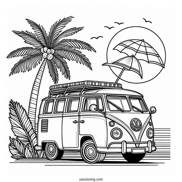 Volkswagen Van Next To A Palm Tree Summer Coloring Page
