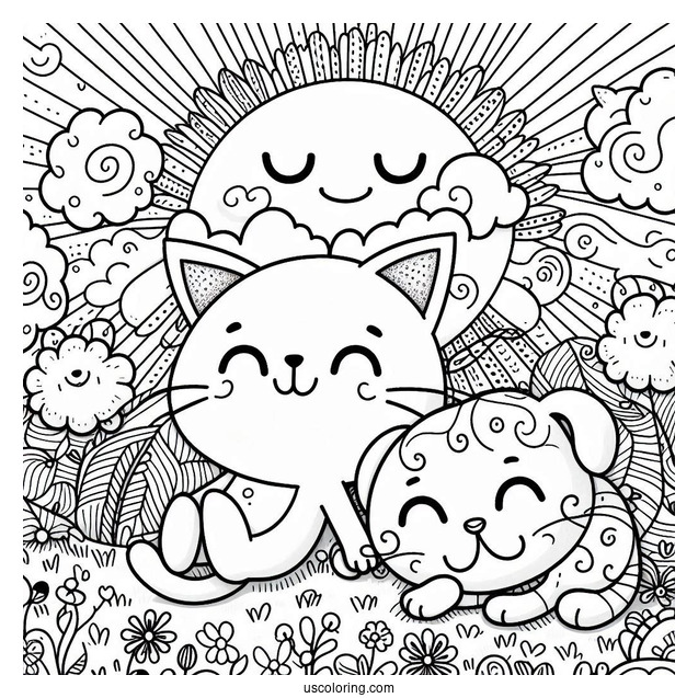 Smiling Critters Coloring Page Of CatNap And DogDay With Arms Hooked On A Field