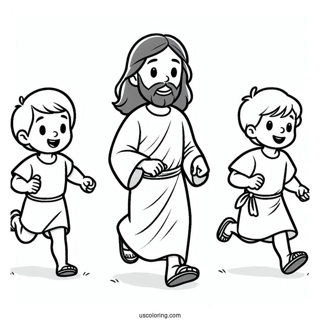 Kids Running To Jesus Coloring Page