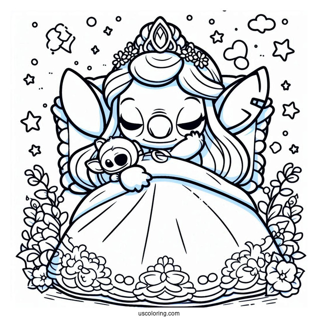 Sleeping Beauty Coloring Page Of Kawaii Stitch As Princess Aurora For Preschoolers