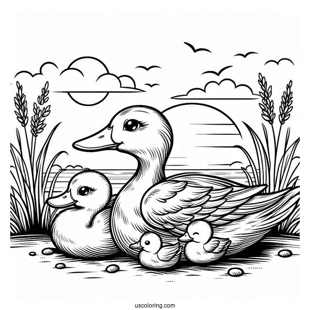 Duck Family Resting Near the Water Coloring Sheet