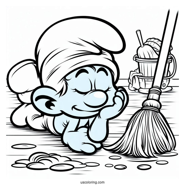 Lazy Smurf Napping While Sweeping Floor