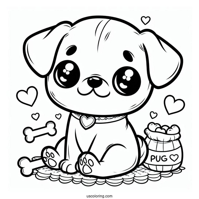 Coloring Page Of Baby Pug With Bones And Hearts
