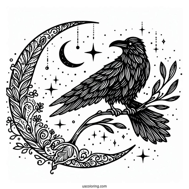 Magical Raven Coloring Page With Crescent Moon And Stars
