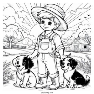 Farmer Boy With His Two Dogs