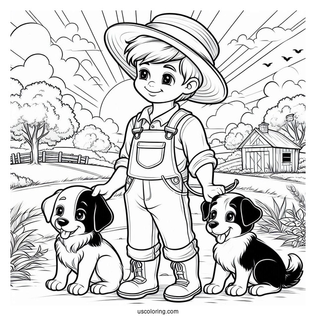 Farmer Boy With His Two Dogs