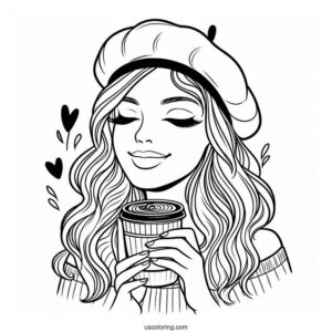 Woman Wearing Beret Drinking Coffee Coloring Page For Kids