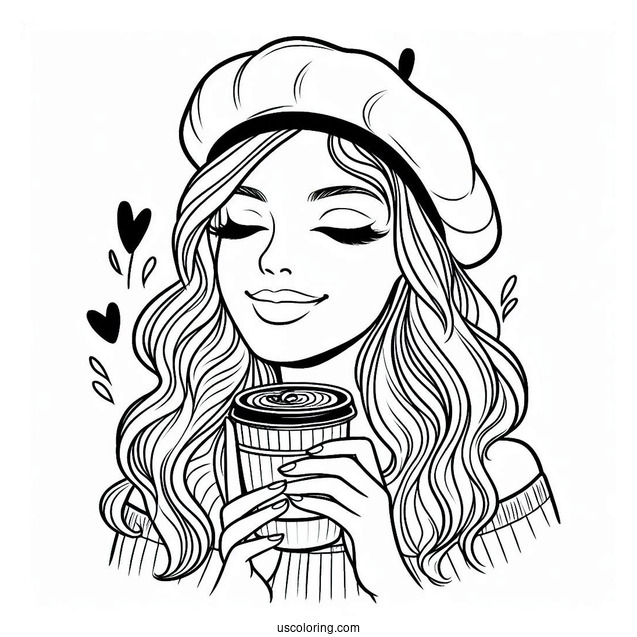 Woman Wearing Beret Drinking Coffee Coloring Page For Kids