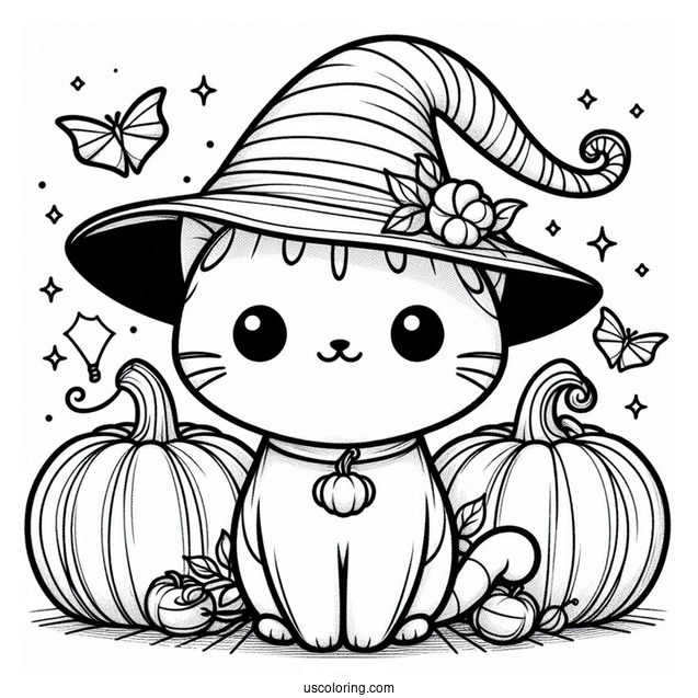Cat Pumpkin Coloring Page Wearing A Witch Hat