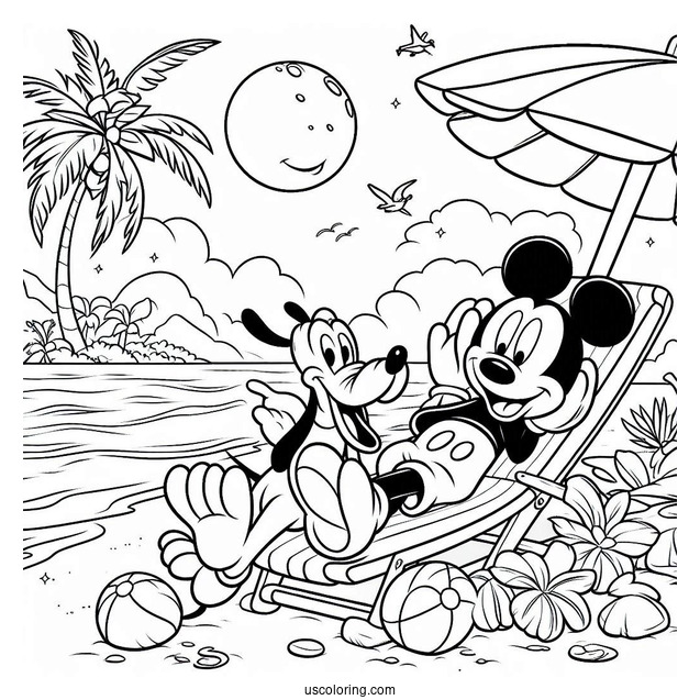 Mickey Mouse And Pluto Lounging At The Beach Coloring Page