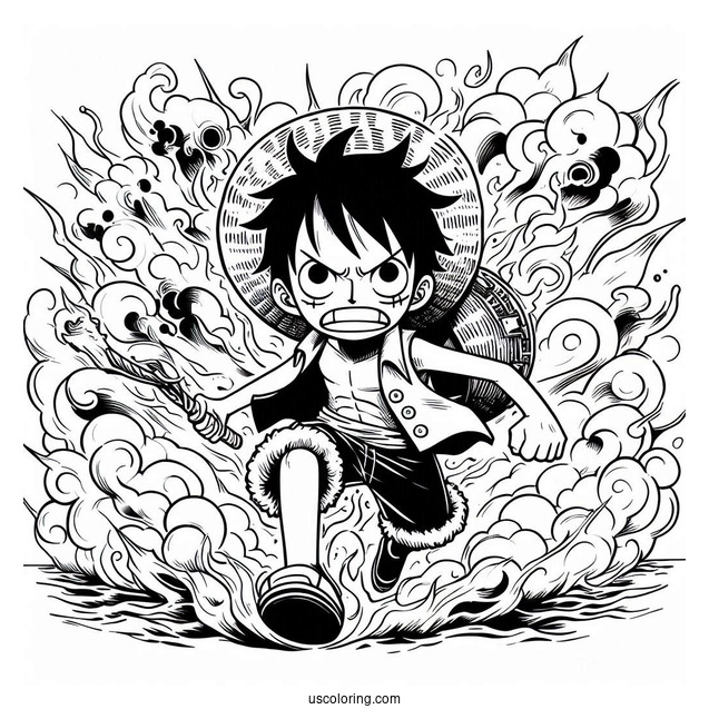 Luffy Coloring Page In Battle Mode Surrounded By Fire