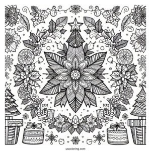 Christmas Mandala Coloring Page Of Have A Merry Little Christmas Mandala With Trees, Presents, And Poinsettias