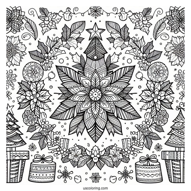 Christmas Mandala Coloring Page Of Have A Merry Little Christmas Mandala With Trees, Presents, And Poinsettias