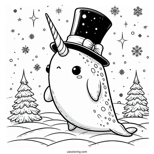 Narwhal Coloring Page With Top Hat Standing With Stitch In The Snow