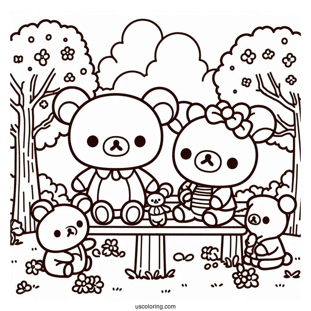 Rilakkuma Coloring Page At The Park With Korilakkuma, Kiiroitori, And Chairoikoguma