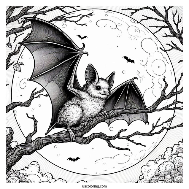 Realistic Bat Coloring Page Perched On Tree