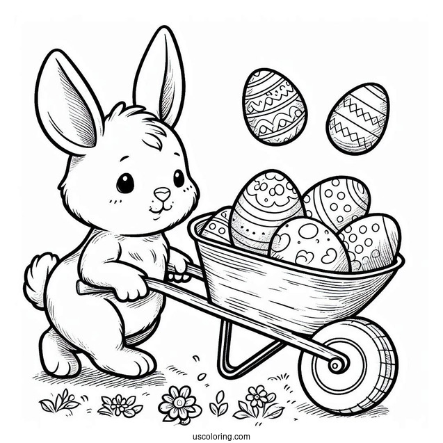 Easter Coloring Page Of Rabbit Pulling Wheelbarrow Full Of Easter Eggs
