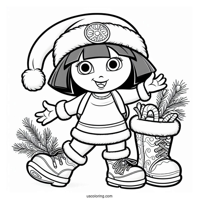 Dora With Boots And Santa Coloring Sheet