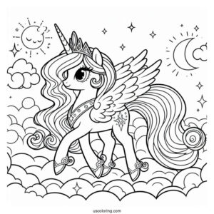 Pretty Princess Celestia Coloring Page Walking In The Clouds For Kids