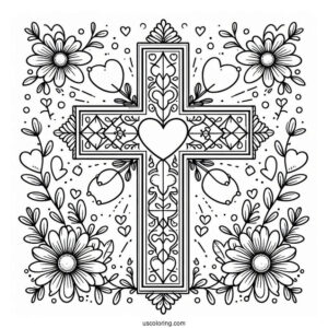 Cross Coloring Page With Love Hearts And Floral Details
