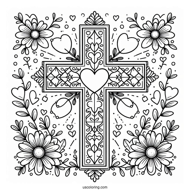 Cross Coloring Page With Love Hearts And Floral Details