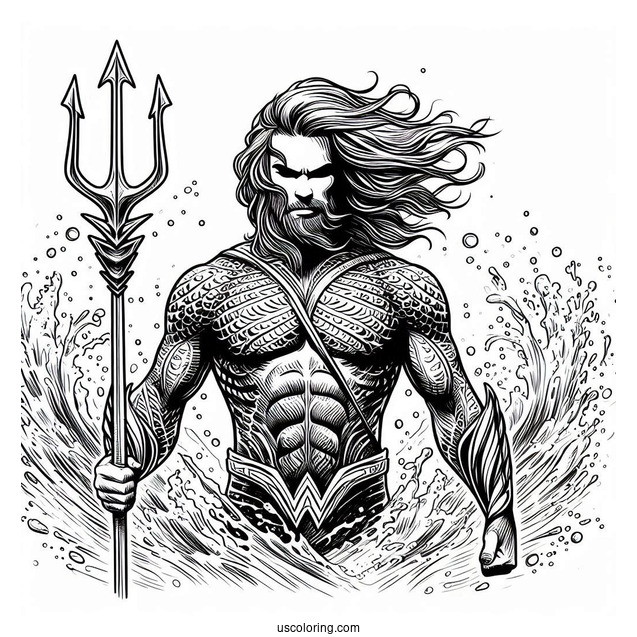 Realistic Aquaman Coloring Page With Trident And Water In The Back