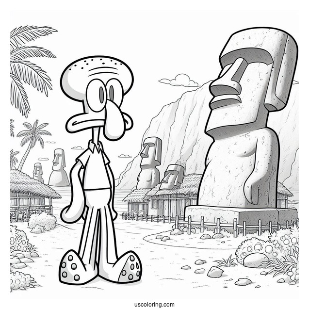 Squidward Coloring Page Standing In Front Of Moai House