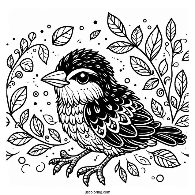 Baby Raven Coloring Page With Leaves For Kids