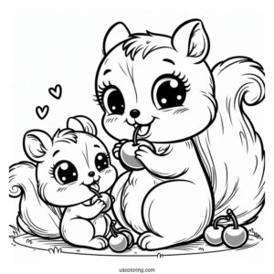Mother And Son Cartoon Squirrel Coloring Page Eating Cherrie