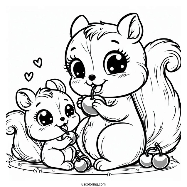 Mother And Son Cartoon Squirrel Coloring Page Eating Cherrie