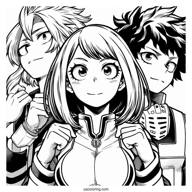 My Hero Academia Coloring Page Of Izuku, Ochako, And Shouto